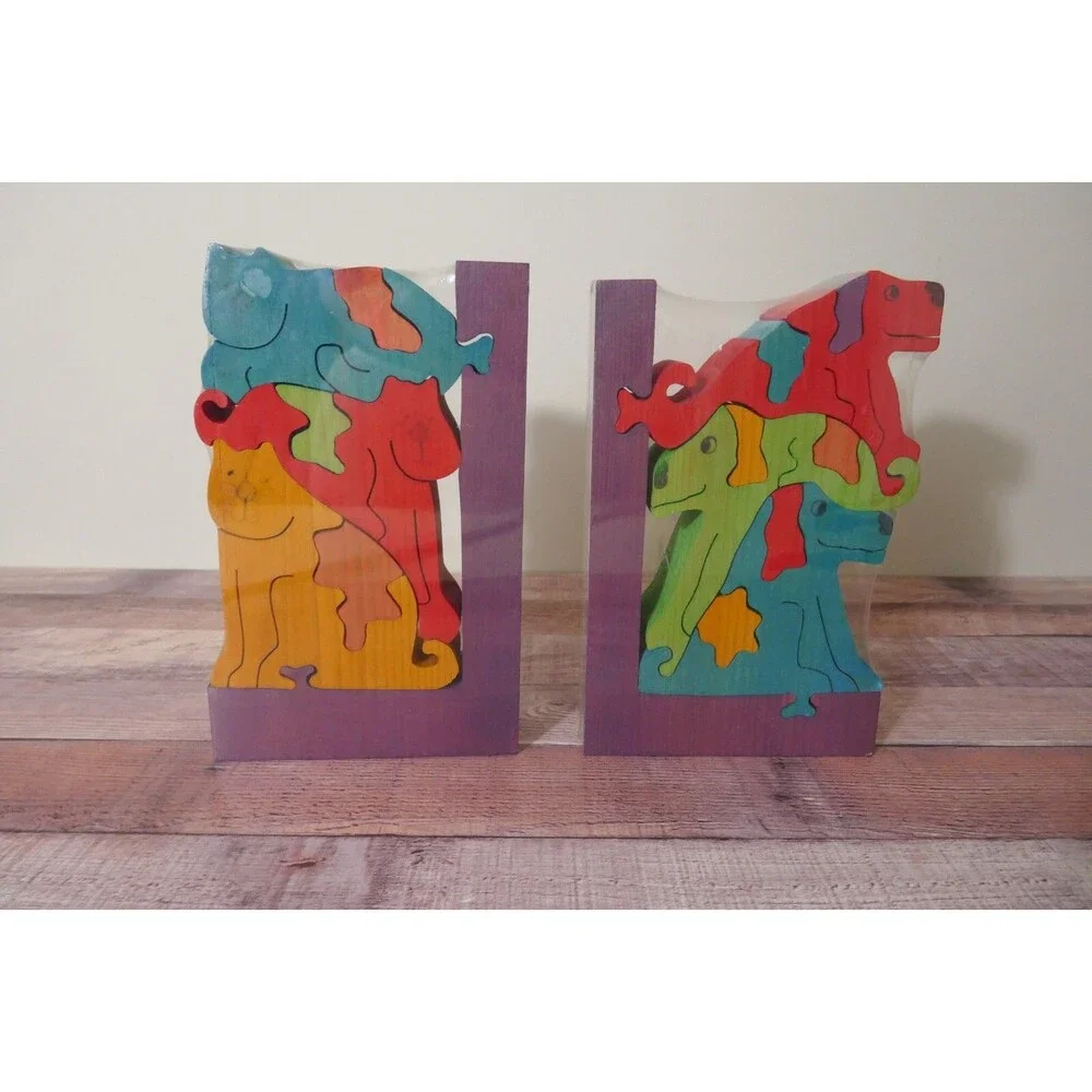 VTG New Wood Dog and Cat Puzzle Hand Made Bookends Nursery Child Room
